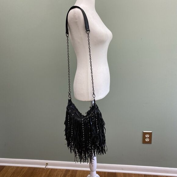 Steve Madden Cross Body Purse Bag Fringe Beaded Black Medium Grunge Goth - Picture 1 of 13